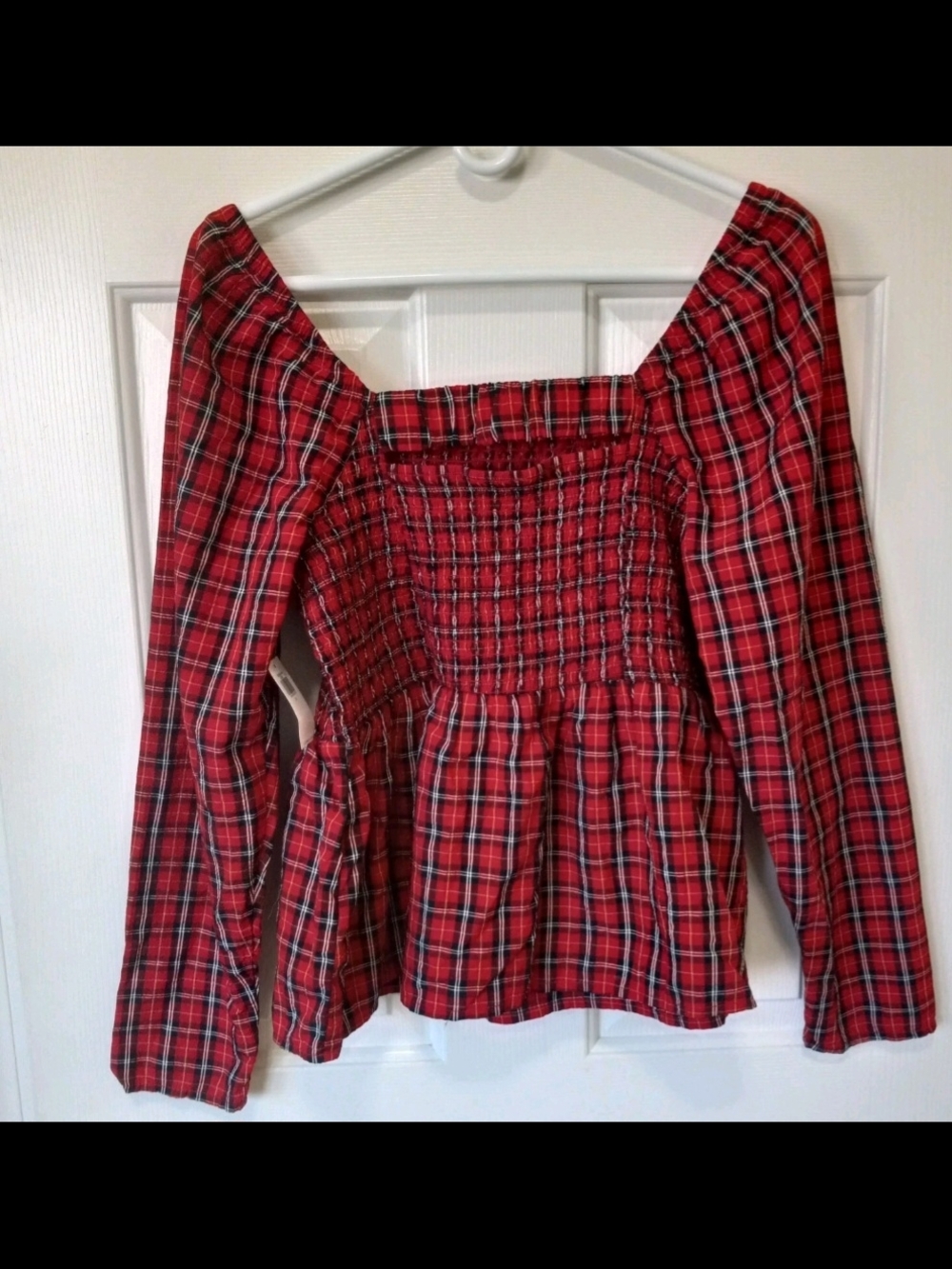 Old Navy Red Plaid Smocked Peplum Top